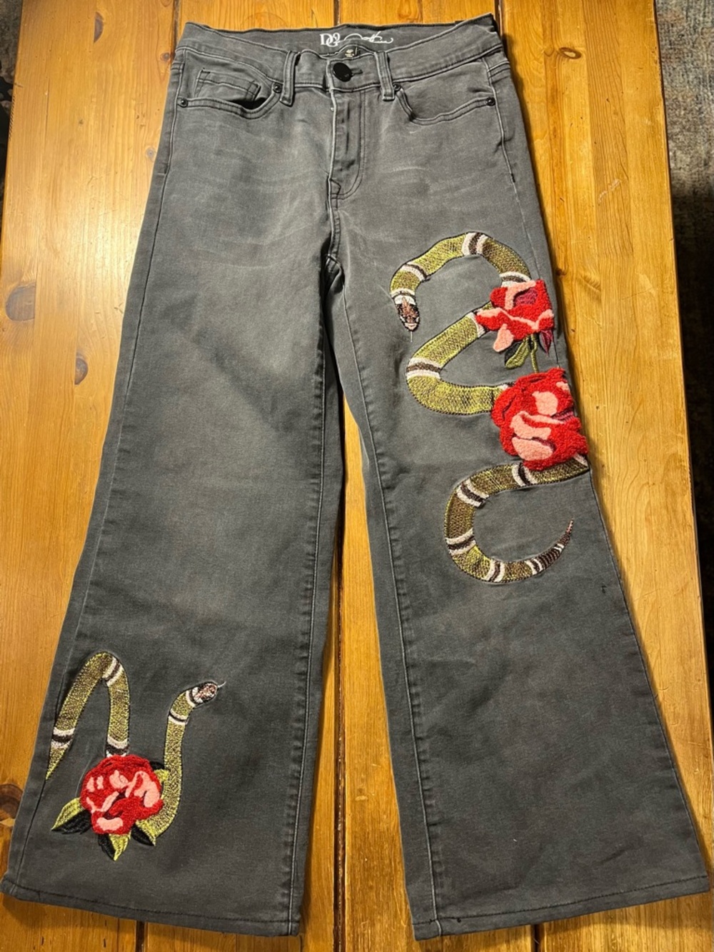DG2 by Diane Gilman Black Wide-Leg Jeans with Snake & Red Rose Embroidery